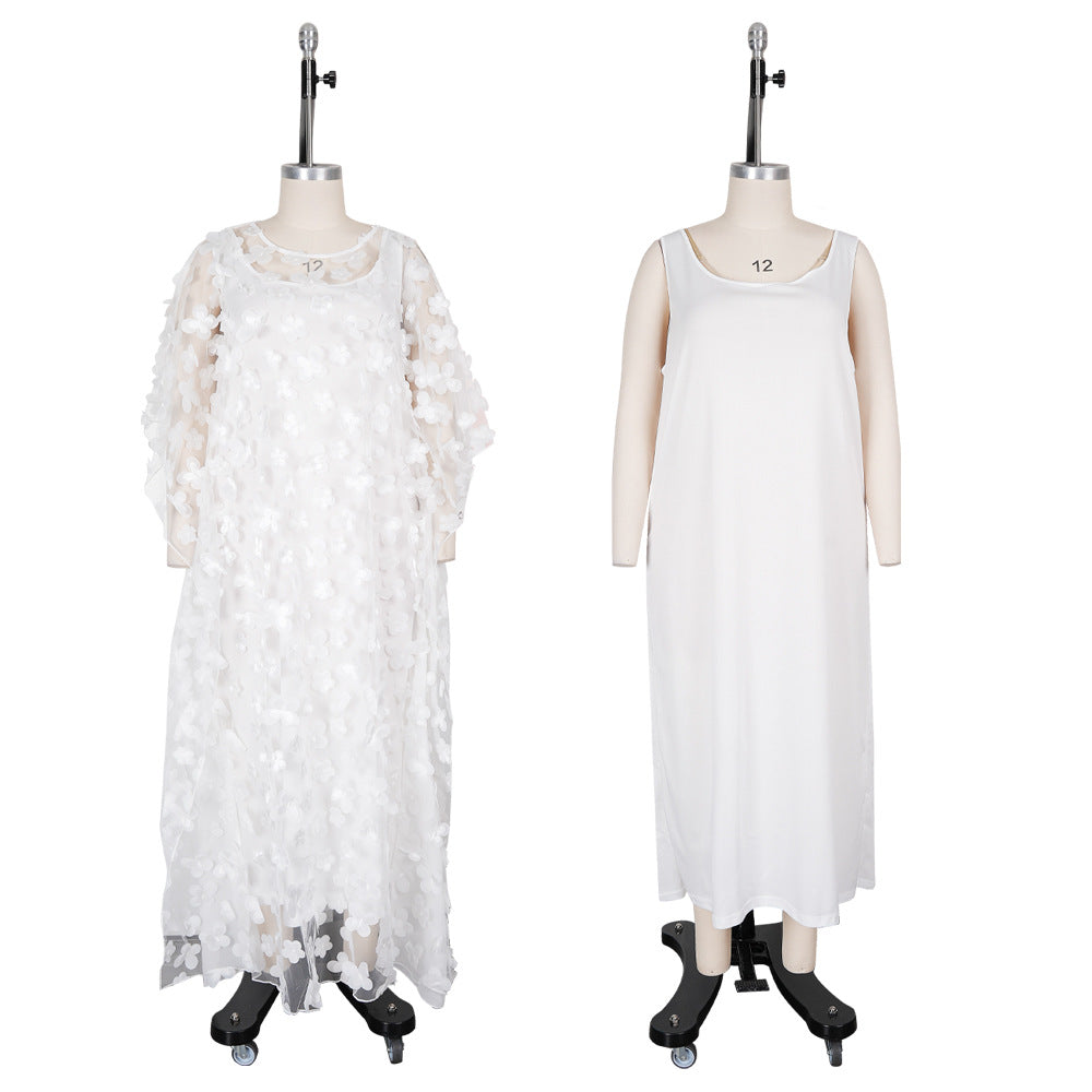 African women's dress 3d embroidered floral mesh round neck batwing sleeve loose plus size robe + vest maxi dress