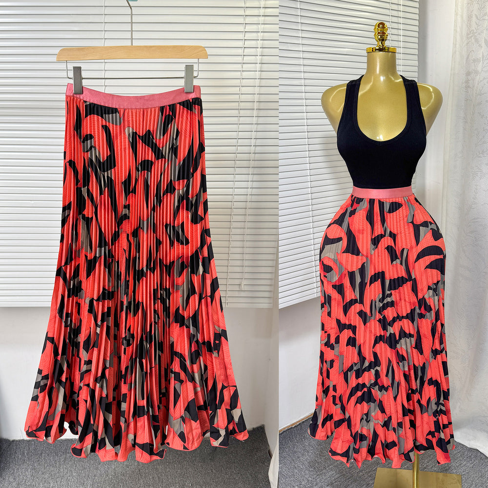 Exportsweeteasiest for matchpleated skirt large swing printing skirt women's frenchhigh waista-line medium long pleated skirt