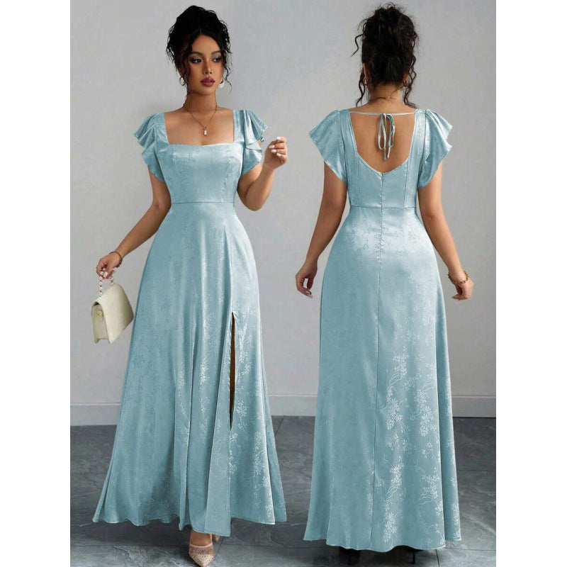 fashionsummernew arrival square collar ruffle sleeves waist slimming lookelegance jacquard slit dress for women