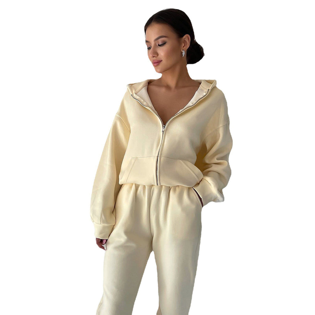 Europe and the United States popular 2024 independent station   autumn women's hooded zipper cardigan sweater casual suit