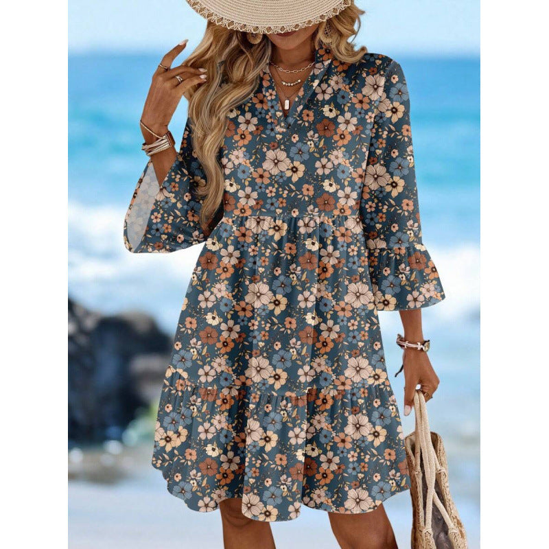 Amazon summer european style casual minimalist elegant bohemian romantic vacation v-neck dress for women