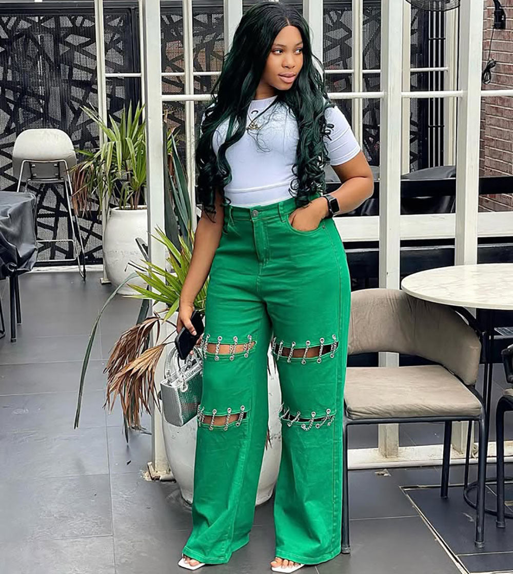 European and american style high-waisted jeans -  cross-border women's fashion  new collection - patchwork casual distressed chain detail pants