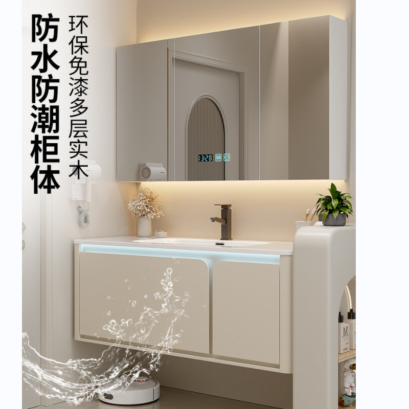 陶瓷一体盆浴室柜组合奶油风卫生间洗漱台洗手池盆柜实木卫浴柜新