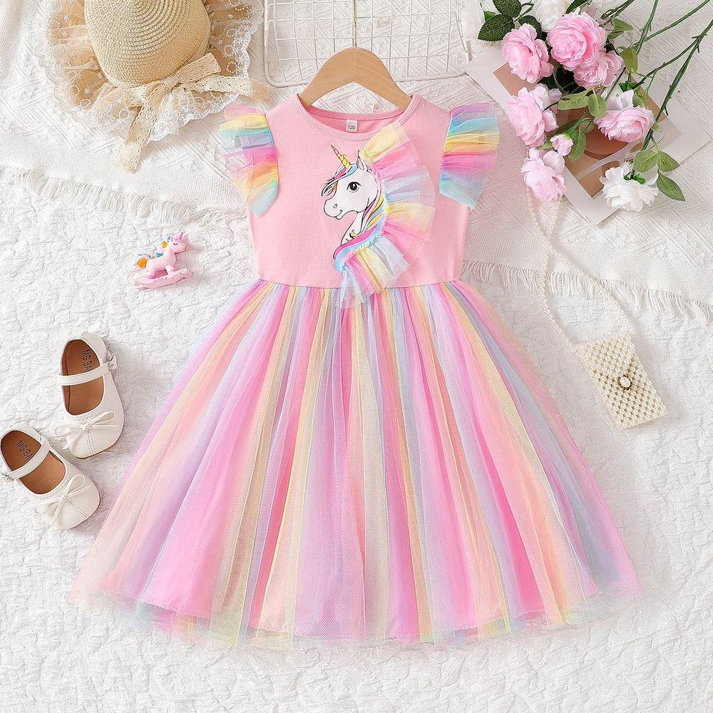 Girls' rainbow flutter sleeve unicorn print mesh princess dress - summer kids' colorful gradient tulle dress