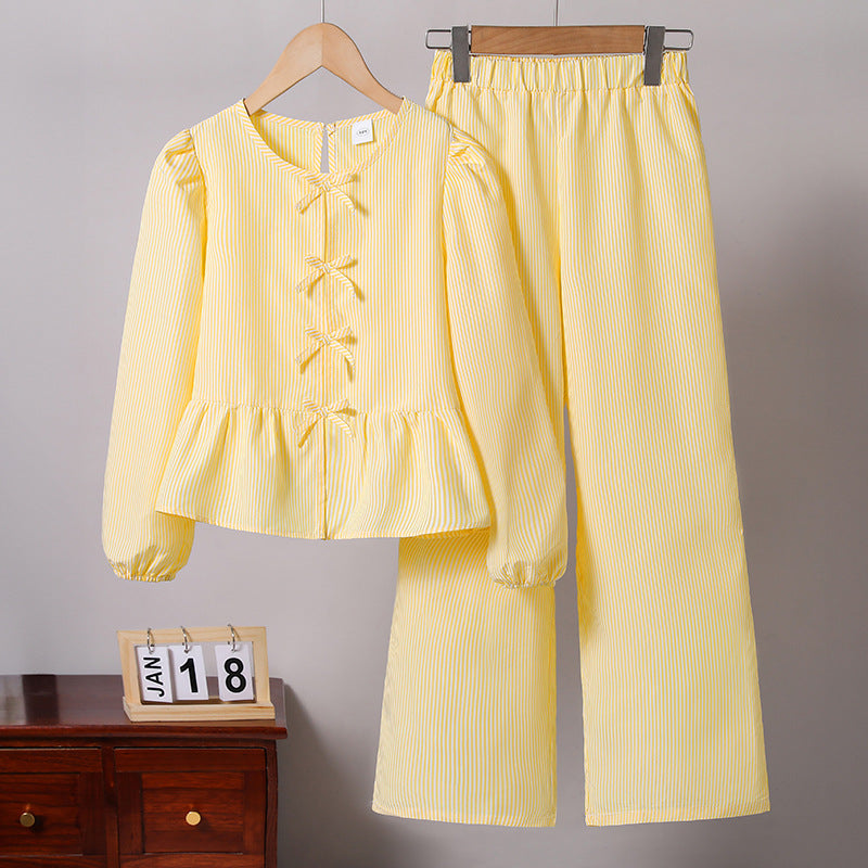 European and american cross-border girls' spring  collection: independent website &  new arrival - tie-up bow long sleeve top and pants set