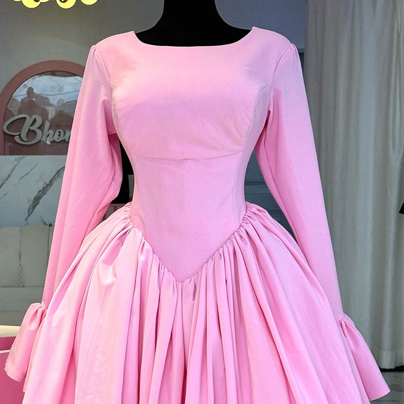 European and american women's clothing  summer new arrival: elegant round neck long sleeve tie-waist high waist a-line dress