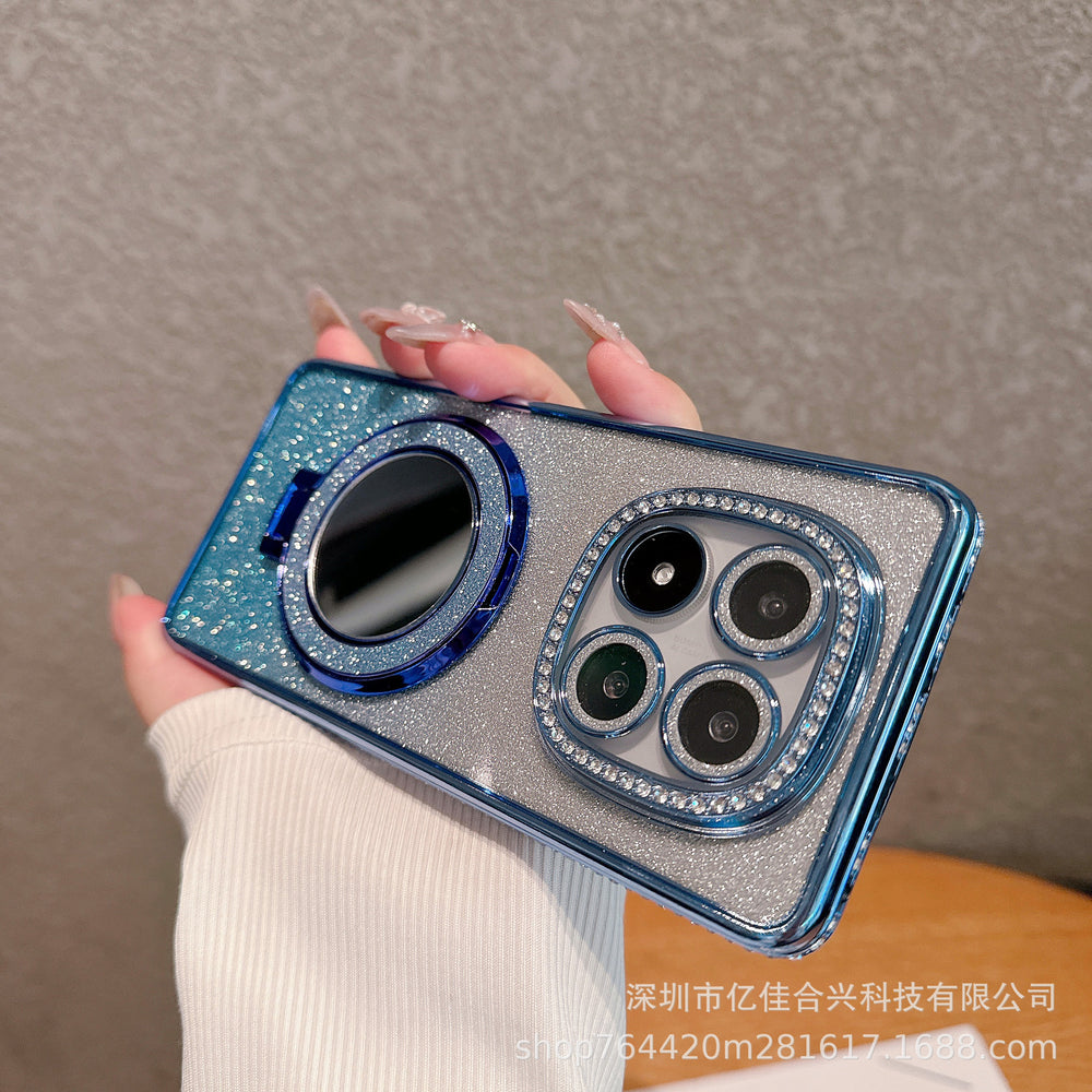 Suitable for redmi note15pro rhinestone electroplating makeup mirror mobile phone case xiaomi 14t all-inclusive glitter magnetic holder