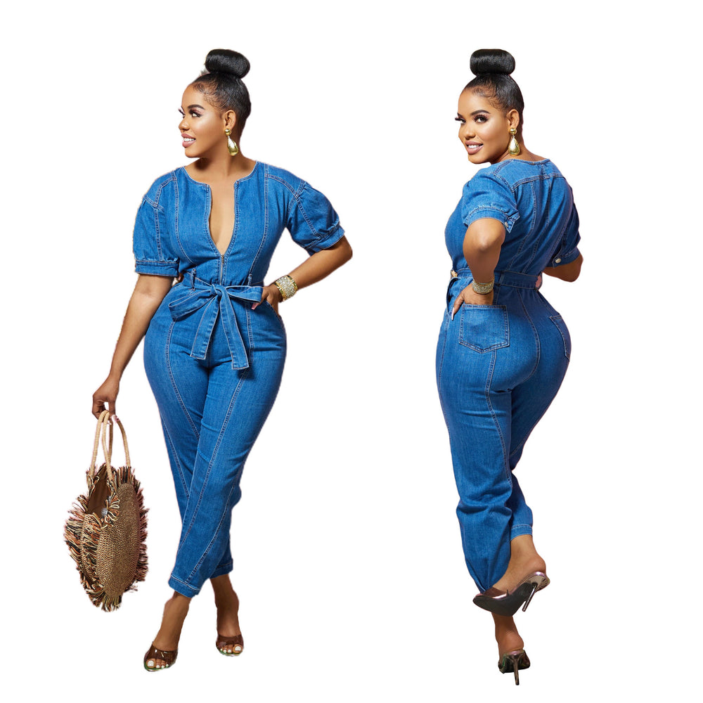 Amazon  women's jumpsuit new arrival hot selling washed blue fashionable elegant denim jumpsuit pants