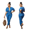 Amazon  women's jumpsuit new arrival hot selling washed blue fashionable elegant denim jumpsuit pants