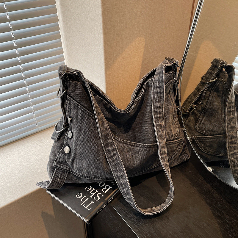 Cross-border retro denim large-capacity bag women's 2025 new casual shoulder messenger bag commuter tote bag