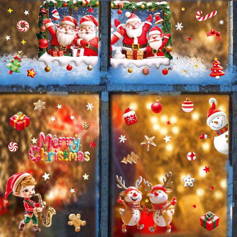 New  lively Santa Claus Elk snowflake gift box party holiday decoration glass static window grilles sticker