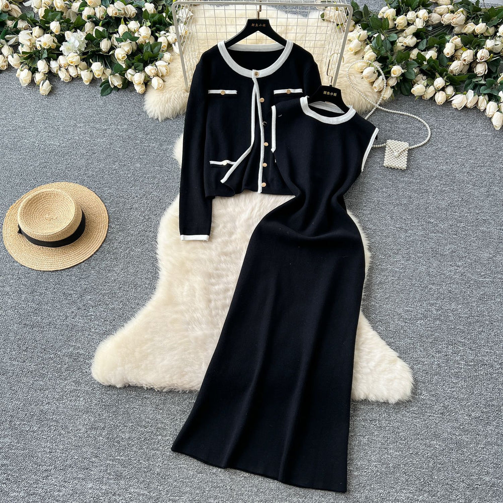 Xiaoxiangfengtwo-piece set women's fall and winterclassyeasiest for match round neck knittingcardiganoutwear + sleeveless vest dress