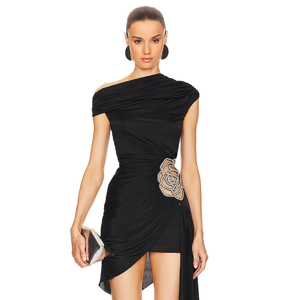Royal sister style women's clothing 2025 spring and summer slanted shoulder flowers high quality big name Elegant dress party dress