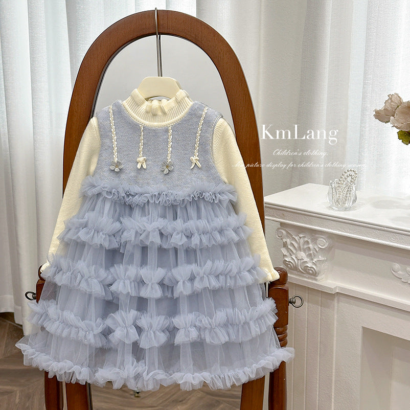 Girls' dress  autumn/winter collection: stylish fleece-lined vest dress with mesh tutu skirt - perfect for birthdays and first birthday celebrations