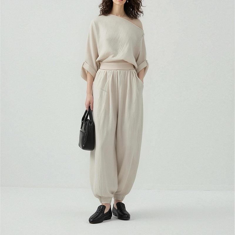 european and american cross-border women's summer outfit set: new casual loose off-shoulder top and wide-leg lantern pants two-piece set