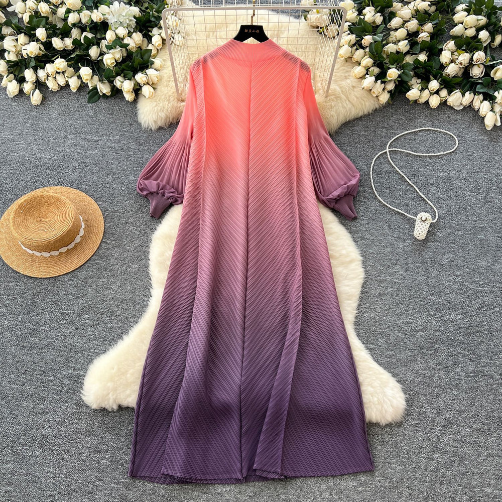 fashion gradient lantern sleeve pleated dress - women's spring/autumn loose a-line maxi dress