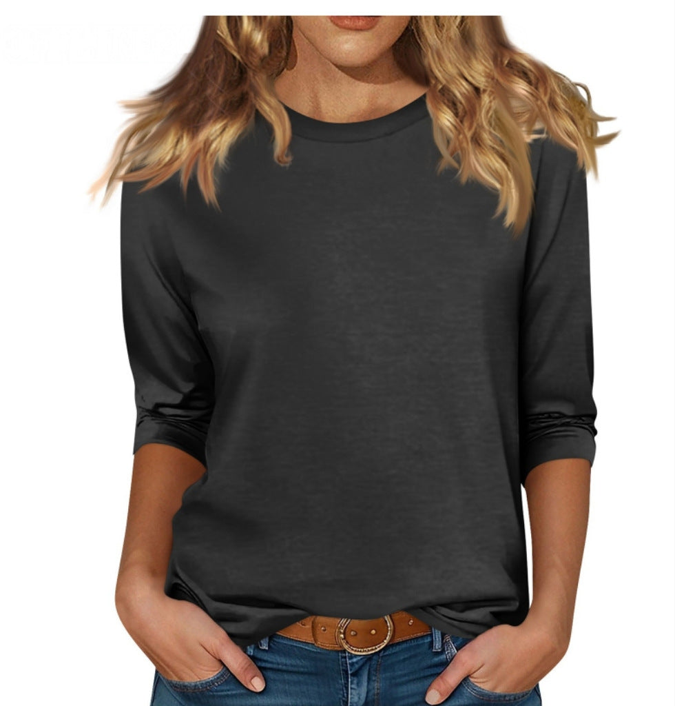 european and american cross-border  new women's round neck 7/8 sleeve solid color fleece-lined base layer top