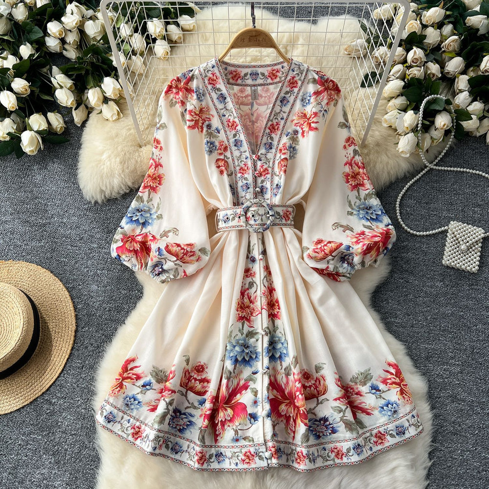 European and american retro chic v-neck lantern sleeve tie-waist slimming a-line midi fashion print dress