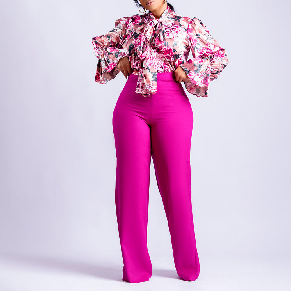 D316 european and american style women's clothing  autumn/winter loose plus size casual printed long sleeve shirt and wide leg pants cross-border two-piece set