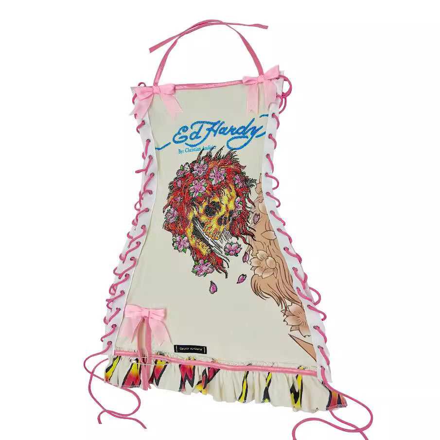 fashion cross-border retro halloween skull positioning printed oil painting drawstring tube top suspender dress