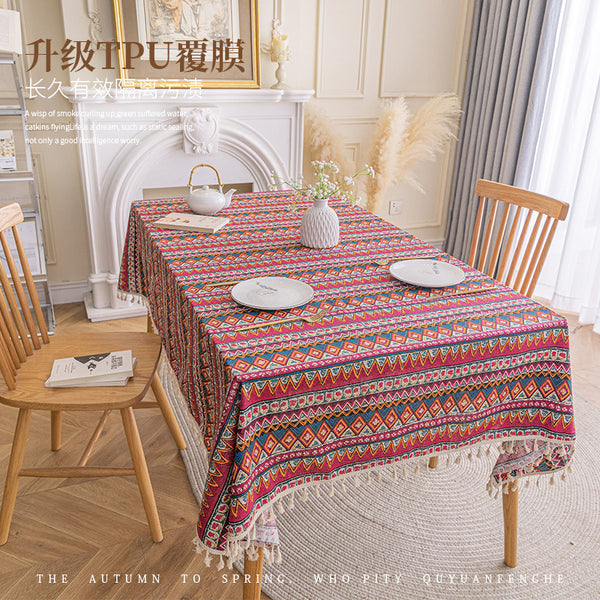 Ethnic style tablecloth Bohemian table cloth ins camping placemat waterproof and oil-proof cotton and linen printed coffee table tablecloth