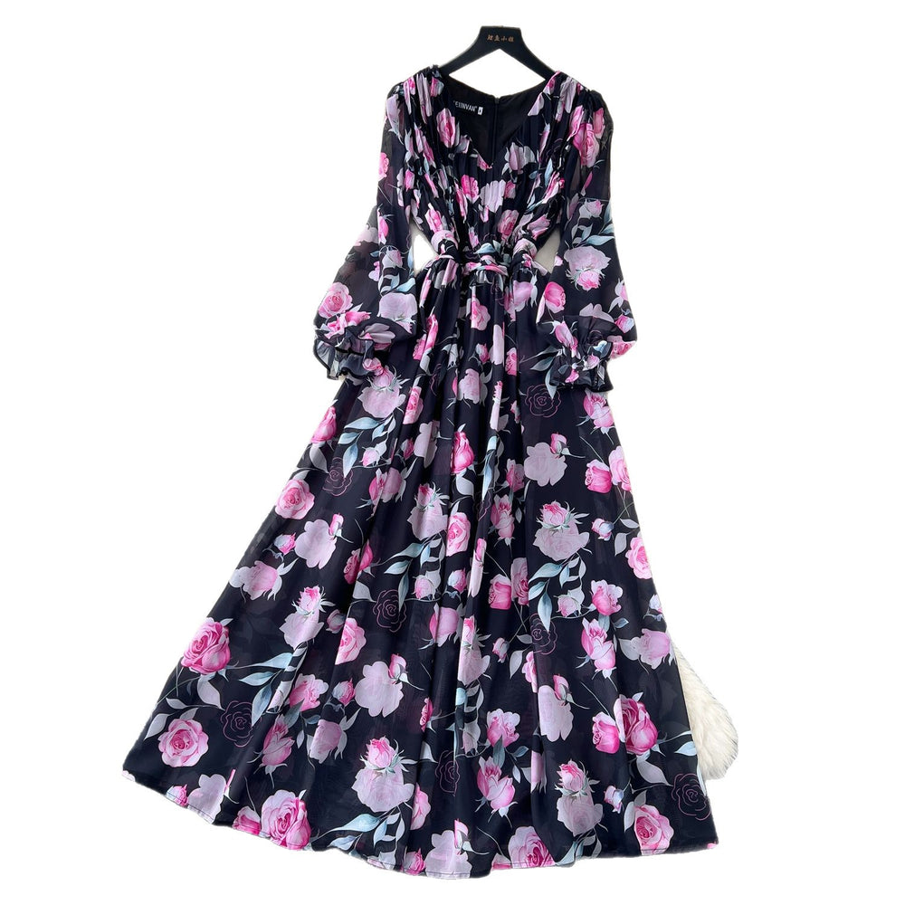 French chic high-end elegant dress - new 2025 collection: slimming, figure-flattering, printed chiffon maxi dress with a sophisticated waist