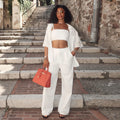 European and american women's clothing  autumn new collection: sweet and fresh turn-down collar hollow-out short sleeve shirt & high-waisted straight-leg pants two-piece set