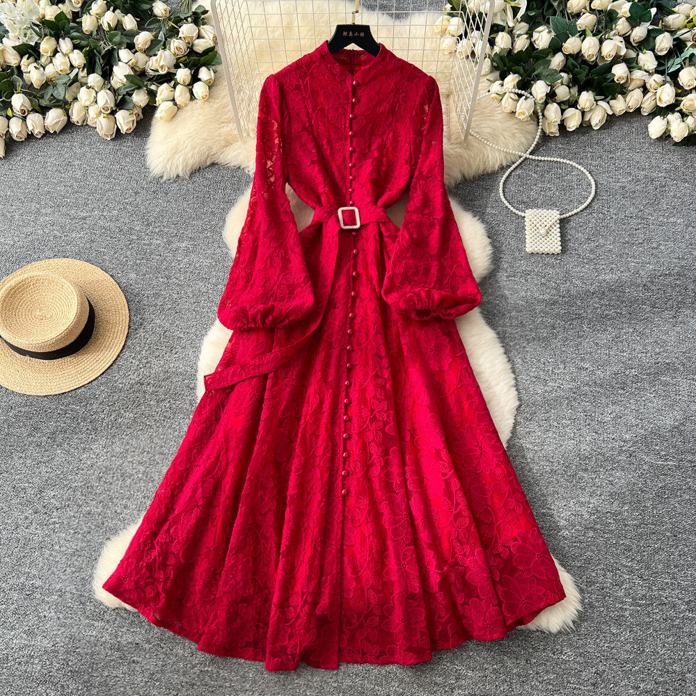 French chic red flared sleeve lace dress - women's long sleeve, cinched waist, slim fit, light luxury a-line maxi dress - perfect for work