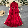 French chic red flared sleeve lace dress - women's long sleeve, cinched waist, slim fit, light luxury a-line maxi dress - perfect for work