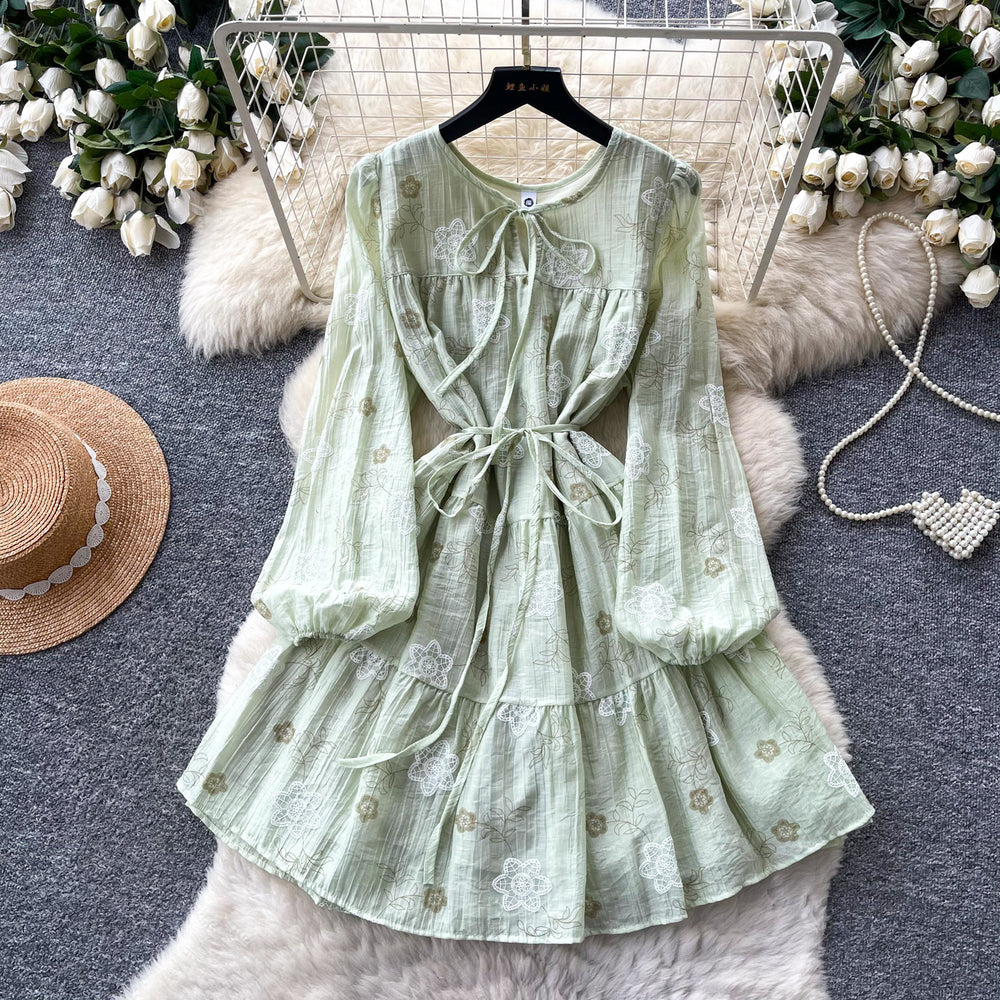 French chic green floral dress - women's summer long sleeve v-neck a-line dress with cinched waist - slimming, elegant, and perfect for vacation