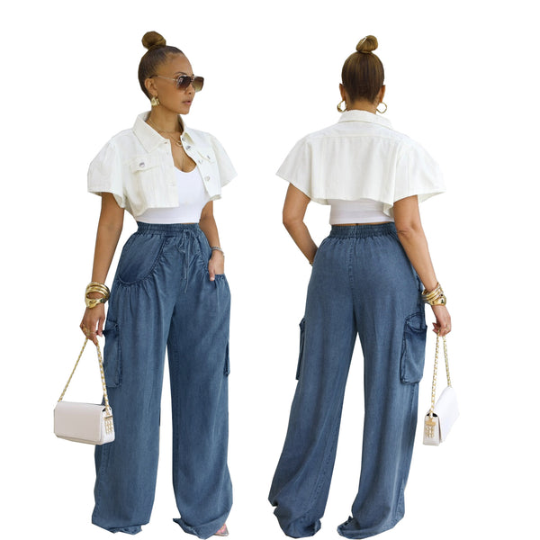 TW766 European and American casual jeans   women's elastic waist drawstring straight multi-pocket wide-leg trousers