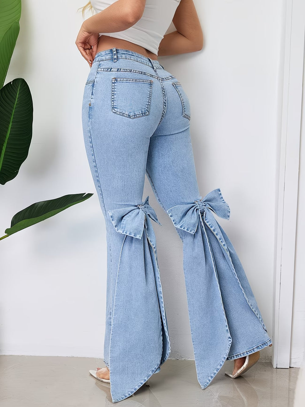 Fashionjeans women's bows slit slightly flared jeans washed high waist elastic silm mop hot style