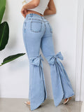 Fashionjeans women's bows slit slightly flared jeans washed high waist elastic silm mop hot style