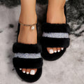 Trendy fuzzy slippers for women - new autumn/winter 2024 collection - rhinestone embellished, flat, casual, one-strap indoor cotton slippers