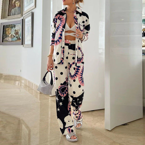European and American spot 2024 new European and American women's clothing large size temperament long sleeve commuter shirt high waist wide leg pants set