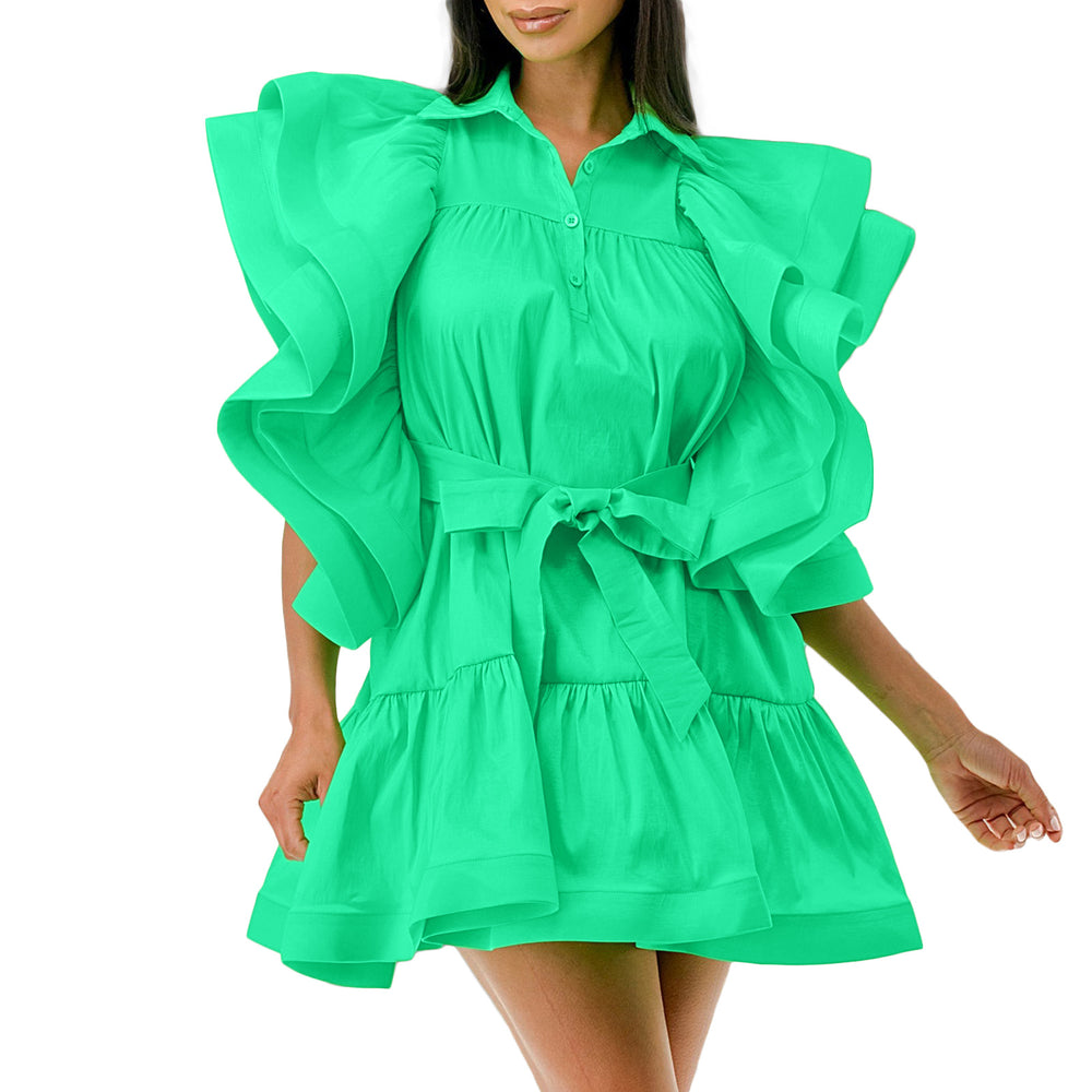 D3225 european and american plus size women's fashion cross-border dress -  new arrival: notch collar, flutter sleeves, a-line, export dress