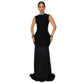 C7409 cross-border   fashion women's patchwork pleated elegant slim-fit beaded dress