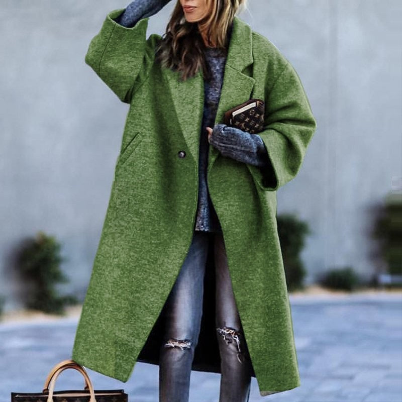 European and american autumn/winter long wool coat - chic, commuter style, beltless, turn-down collar, relaxed fit, wool green coat for women