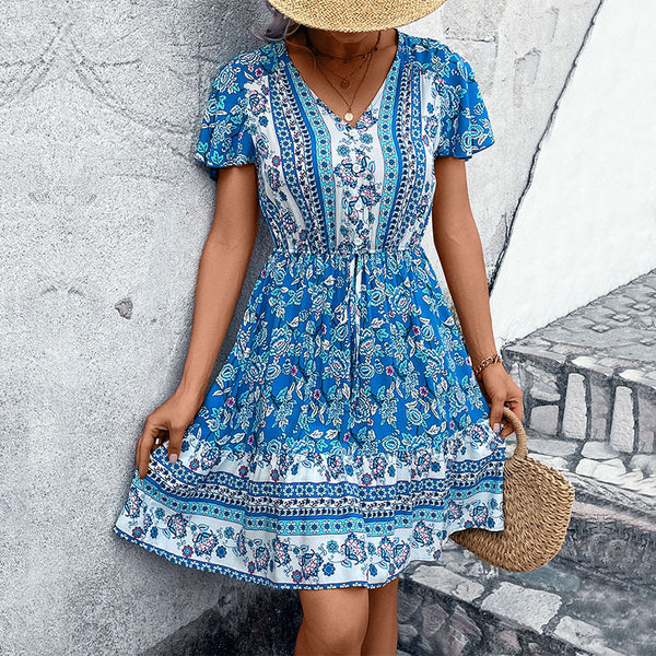 Independent Station Foreign Trade 2024 New European and American Summer Women's Cross-border V-Neck Ethnic Style Floral Dress
