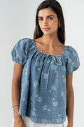 european and american new arrival cross-border  short printed tie-waist washed bubble sleeve women's denim top