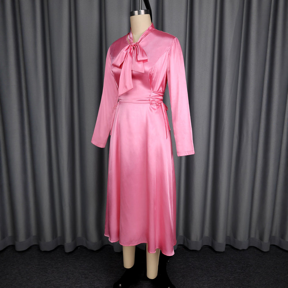 autumn satin stand collar long sleeve dress - elegant bow tie waist evening gown