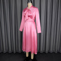 autumn satin stand collar long sleeve dress - elegant bow tie waist evening gown