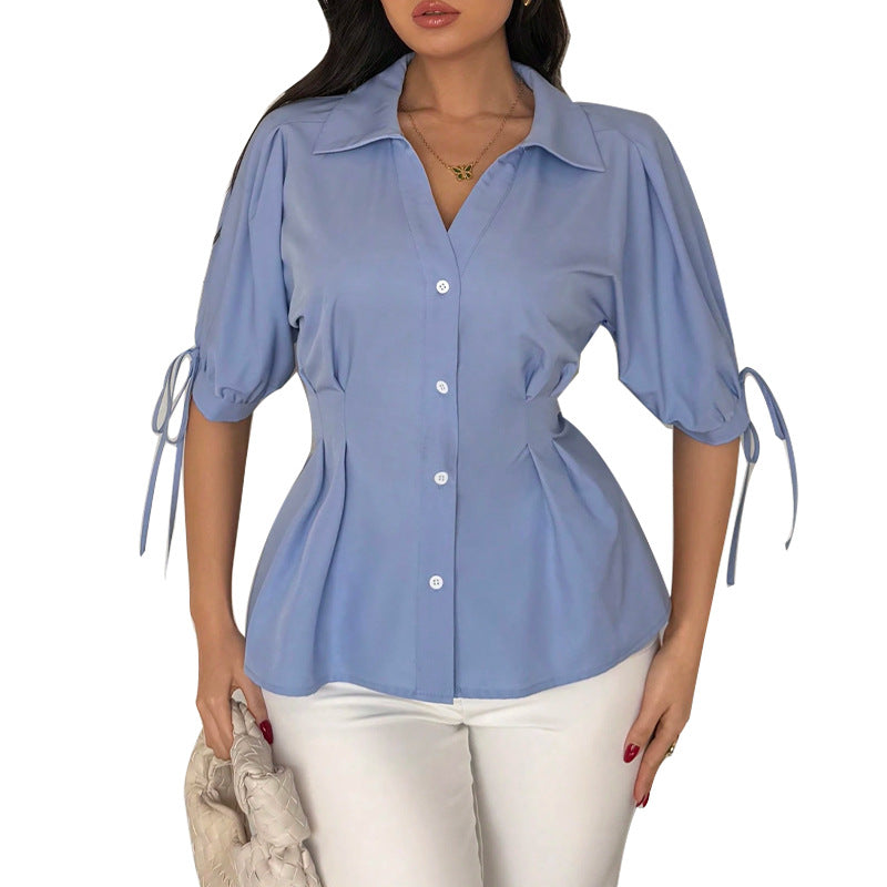 Cross-border ins  European and American solid color shirt half-sleeve drawstring 2025 independent station temperament waist cardigan shirt women