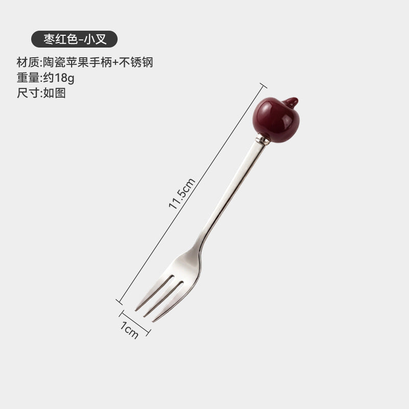 Colorful apple fork and spoon set - creative spoons with stainless steel and ceramic handles for fruit, coffee, cake, and desserts - wholesale