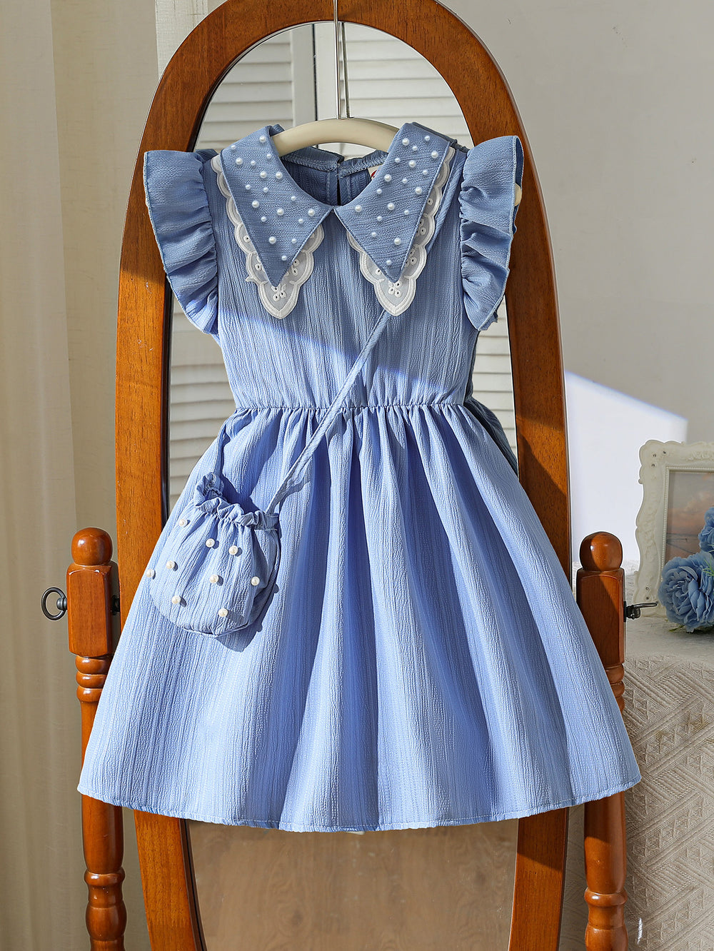hot-selling  export: new trendy flared sleeve beaded bubble double-layer collar dress with matching bag two-piece set