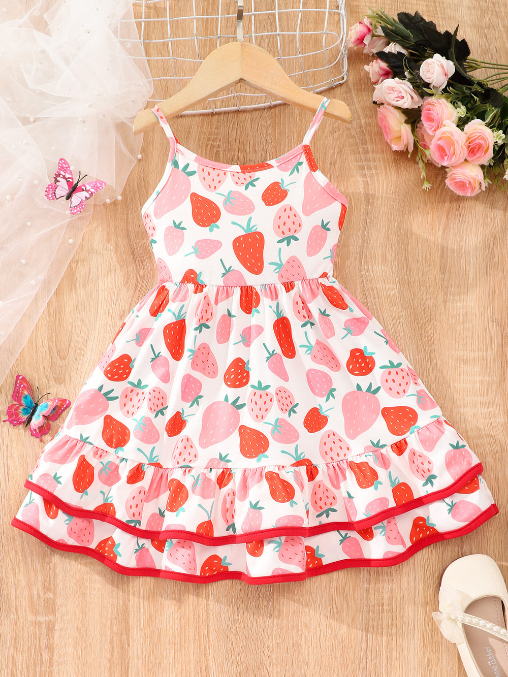 Kids' strawberry ice cream digital print cami dress with double-layered hem