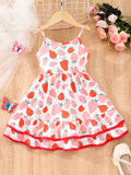 Kids' strawberry ice cream digital print cami dress with double-layered hem
