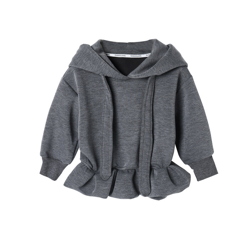 Girls' outfit:  autumn korean style design, bowknot hooded oversized floral bud gray sweatshirt and slouchy pants set - trendy