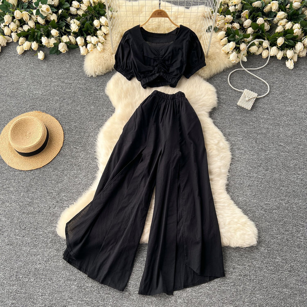 Sense of design scheming pleated v neckshort puff sleeve tops women's two-piece setsummerhigh waist slit loose pants