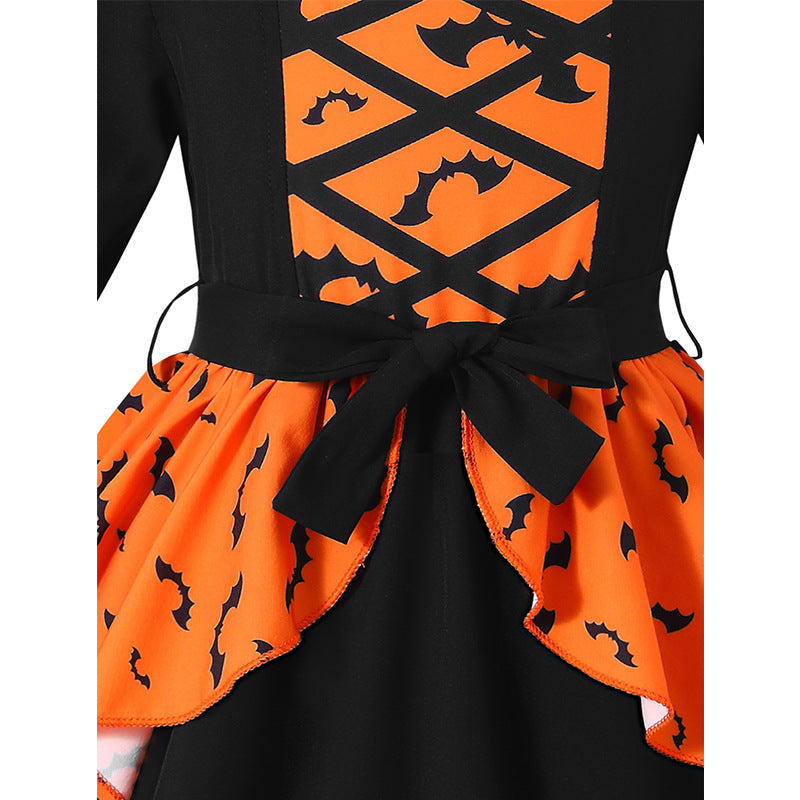 halloween girls' dress - bat pattern witch costume with party hat - halloween kids' dress